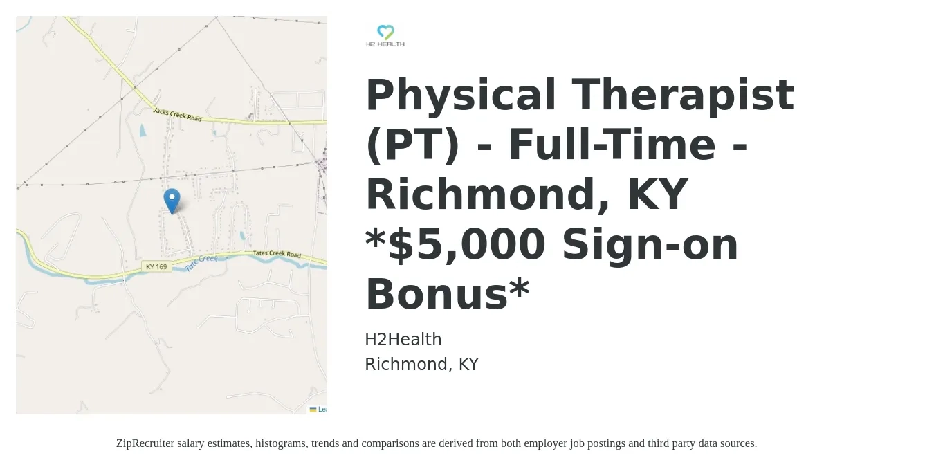 H2 Health job posting for a Physical Therapist (PT) - Full-Time - Richmond, KY *$5,000 Sign-on Bonus* in Richmond, KY with a salary of $1,340 to $1,740 Weekly with a map of Richmond location.