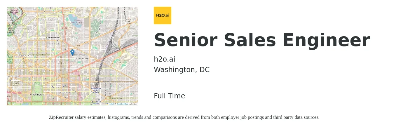 h2o.ai job posting for a Senior Sales Engineer in Washington, DC with a salary of $119,000 to $157,400 Yearly with a map of Washington location.