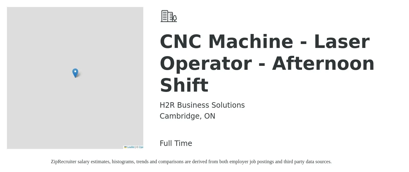 H2R Business Solutions job posting for a CNC Machine - Laser Operator - Afternoon Shift in Cambridge, ON with a map of Cambridge location.