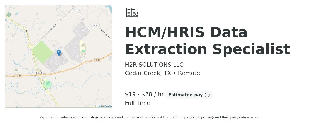 H2R-SOLUTIONS LLC job posting for a HCM/HRIS Data Extraction Specialist in Cedar Creek, TX with a salary of $20 to $30 Hourly with a map of Cedar Creek location.