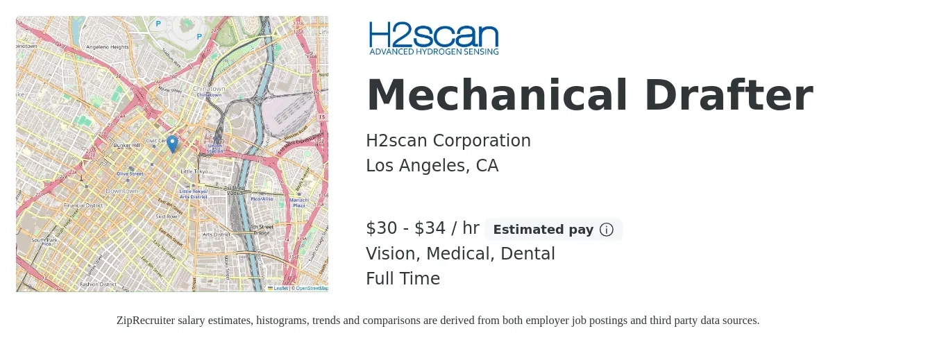 H2scan Corporation job posting for a Mechanical Drafter in Los Angeles, CA with a salary of $32 to $36 Hourly and benefits including vision, dental, life_insurance, medical, pto, and retirement with a map of Los Angeles location.
