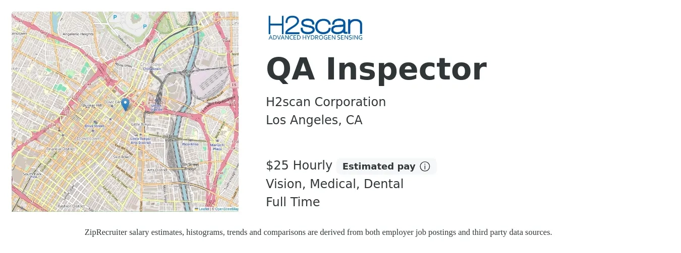 H2scan Corporation job posting for a QA Inspector in Los Angeles, CA with a salary of $26 to $27 Hourly and benefits including dental, life_insurance, medical, retirement, and vision with a map of Los Angeles location.