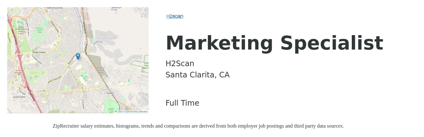 H2Scan job posting for a Marketing Specialist in Santa Clarita, CA with a salary of $48,200 to $71,000 Yearly with a map of Santa Clarita location.
