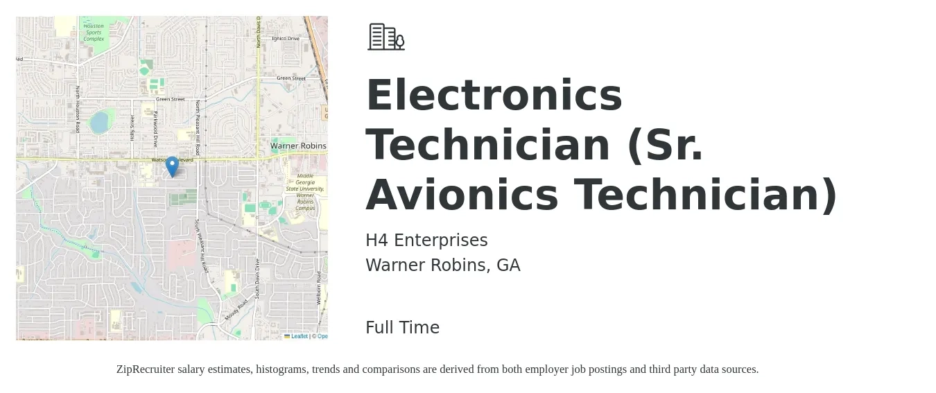 H4 Enterprises job posting for a Electronics Technician (Sr. Avionics Technician) in Warner Robins, GA with a salary of $21 to $30 Hourly with a map of Warner Robins location.