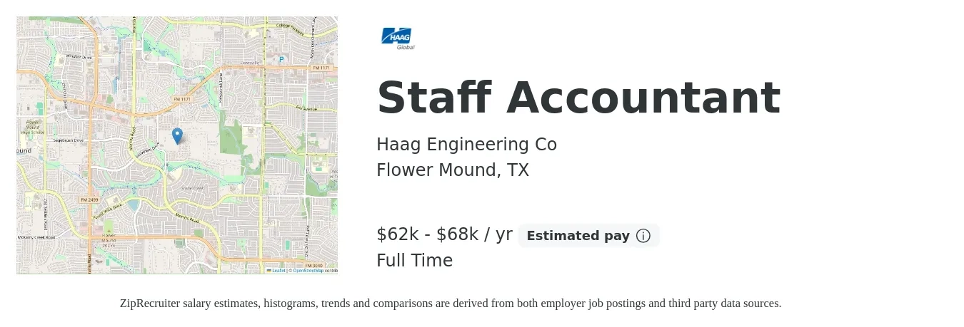 Haag Engineering Co job posting for a Staff Accountant in Flower Mound, TX with a salary of $62,000 to $68,000 Yearly with a map of Flower Mound location.