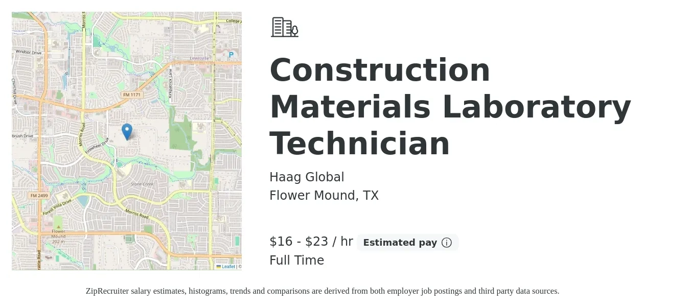 Haag Global job posting for a Construction Materials Laboratory Technician in Flower Mound, TX with a salary of $17 to $24 Hourly with a map of Flower Mound location.