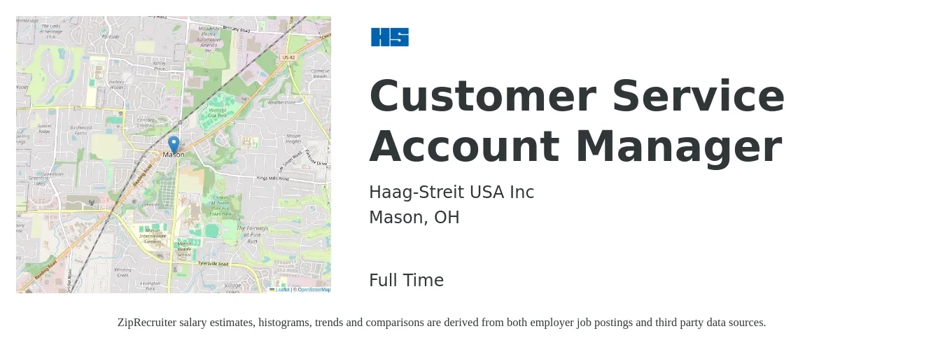 Haag-Streit USA Inc job posting for a Customer Service Account Manager in Mason, OH with a salary of $34,800 to $50,800 Yearly with a map of Mason location.