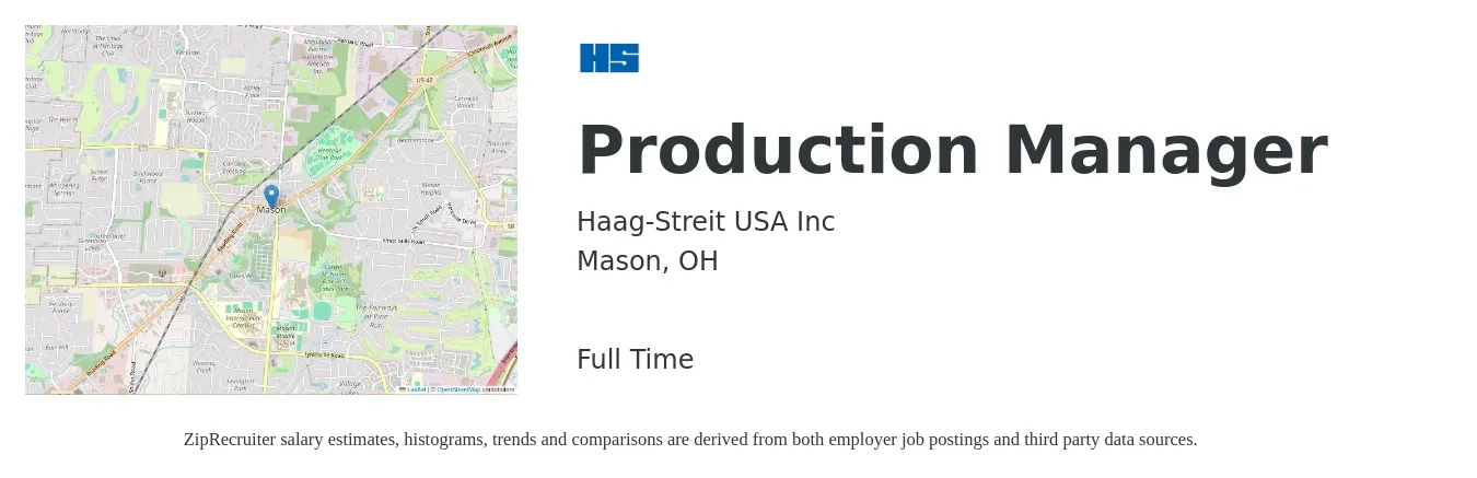 Haag-Streit USA Inc job posting for a Production Manager in Mason, OH with a salary of $52,700 to $75,700 Yearly with a map of Mason location.