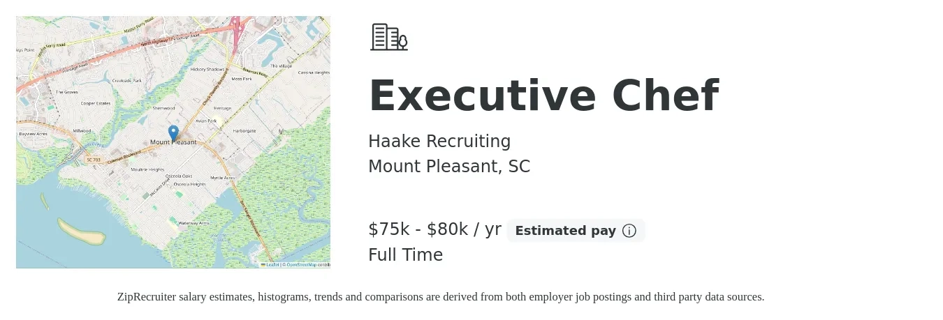 Haake Recruiting job posting for a Executive Chef in Mount Pleasant, SC with a salary of $75,000 to $80,000 Yearly with a map of Mount Pleasant location.
