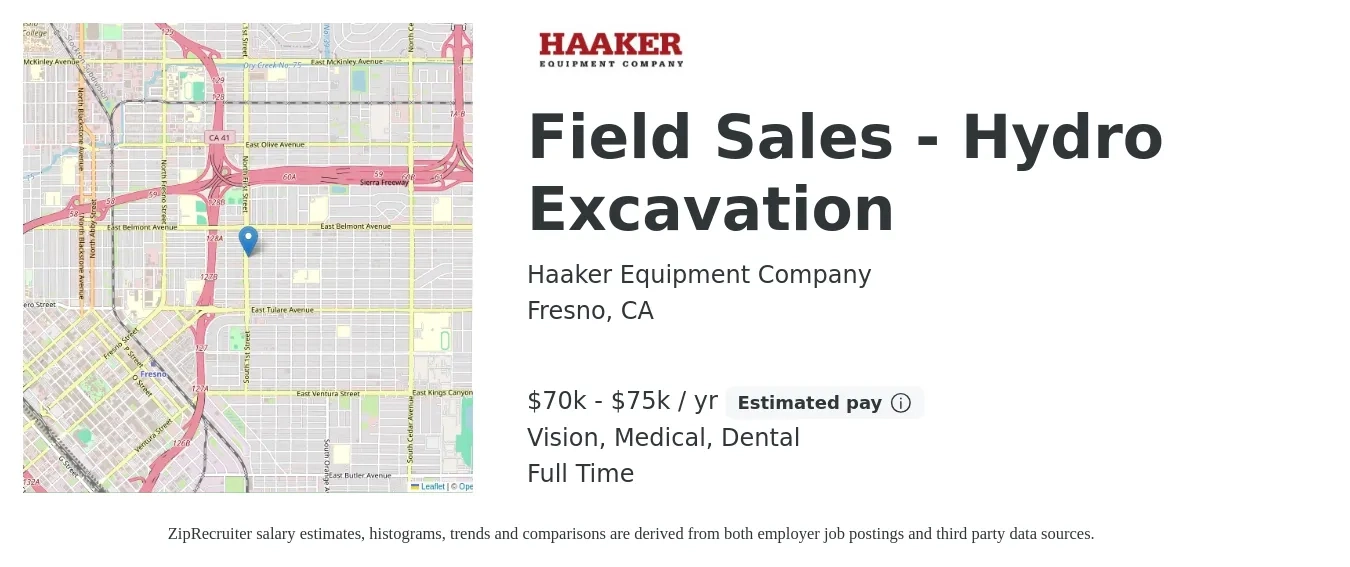 Haaker Equipment Company job posting for a Field Sales - Hydro Excavation in Fresno, CA with a salary of $70,000 to $75,000 Yearly and benefits including pto, retirement, vision, dental, life_insurance, and medical with a map of Fresno location.