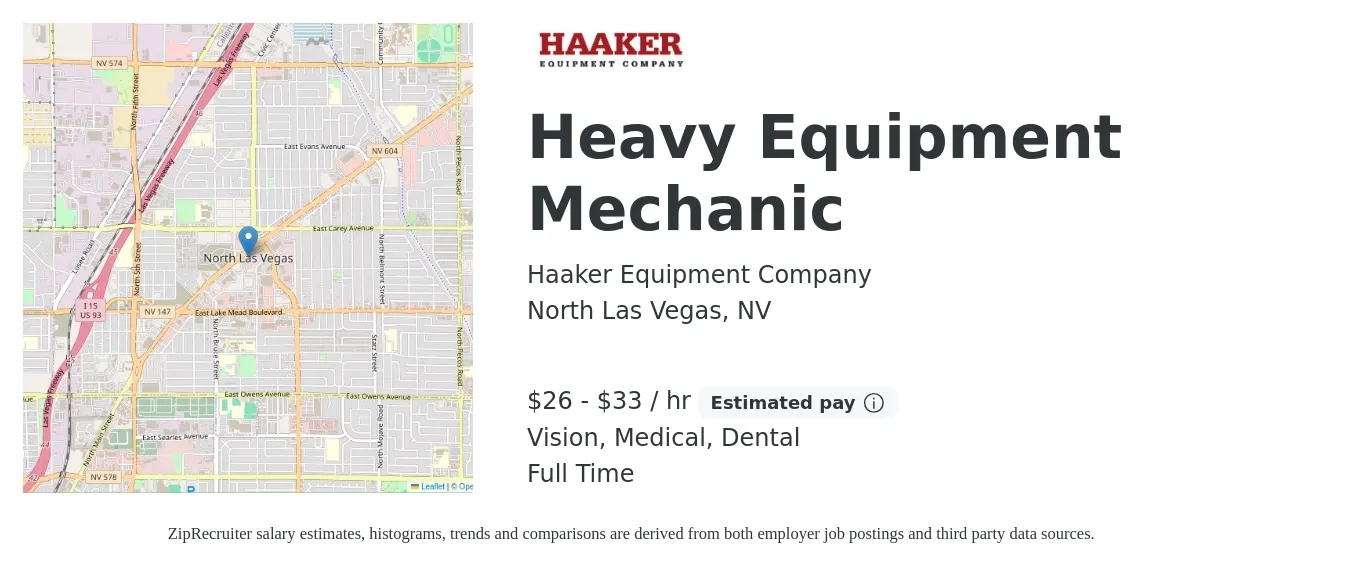 Haaker Equipment Company job posting for a Heavy Equipment Mechanic in North Las Vegas, NV with a salary of $28 to $35 Hourly and benefits including retirement, vision, dental, life_insurance, and medical with a map of North Las Vegas location.