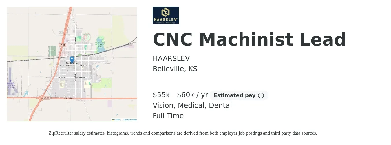Haarslev, Inc. job posting for a CNC Machinist Lead in Belleville, KS with a salary of $55,000 to $60,000 Yearly and benefits including pto, retirement, vision, dental, life_insurance, and medical with a map of Belleville location.
