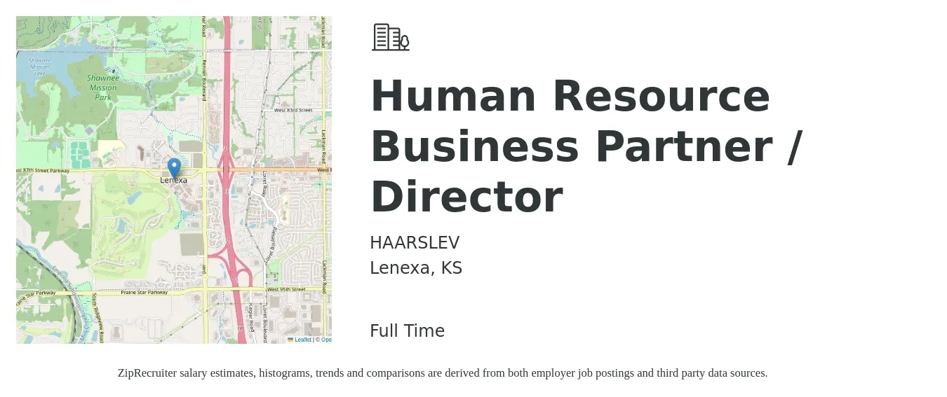 HAARSLEV job posting for a Human Resource Business Partner / Director in Lenexa, KS with a salary of $67,000 to $95,400 Yearly with a map of Lenexa location.