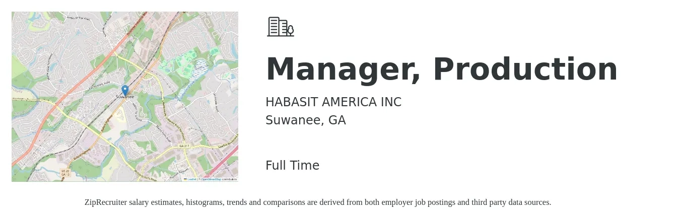 HABASIT AMERICA INC job posting for a Manager, Production in Suwanee, GA with a salary of $52,100 to $74,900 Yearly with a map of Suwanee location.