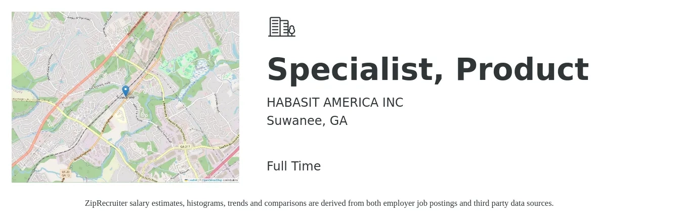 HABASIT AMERICA INC job posting for a Specialist, Product in Suwanee, GA with a salary of $16 to $32 Hourly with a map of Suwanee location.