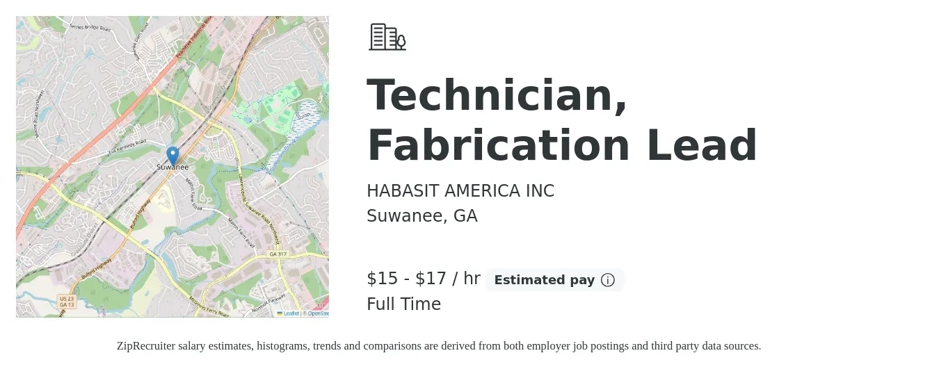 HABASIT AMERICA INC job posting for a Technician, Fabrication Lead in Suwanee, GA with a salary of $16 to $18 Hourly with a map of Suwanee location.