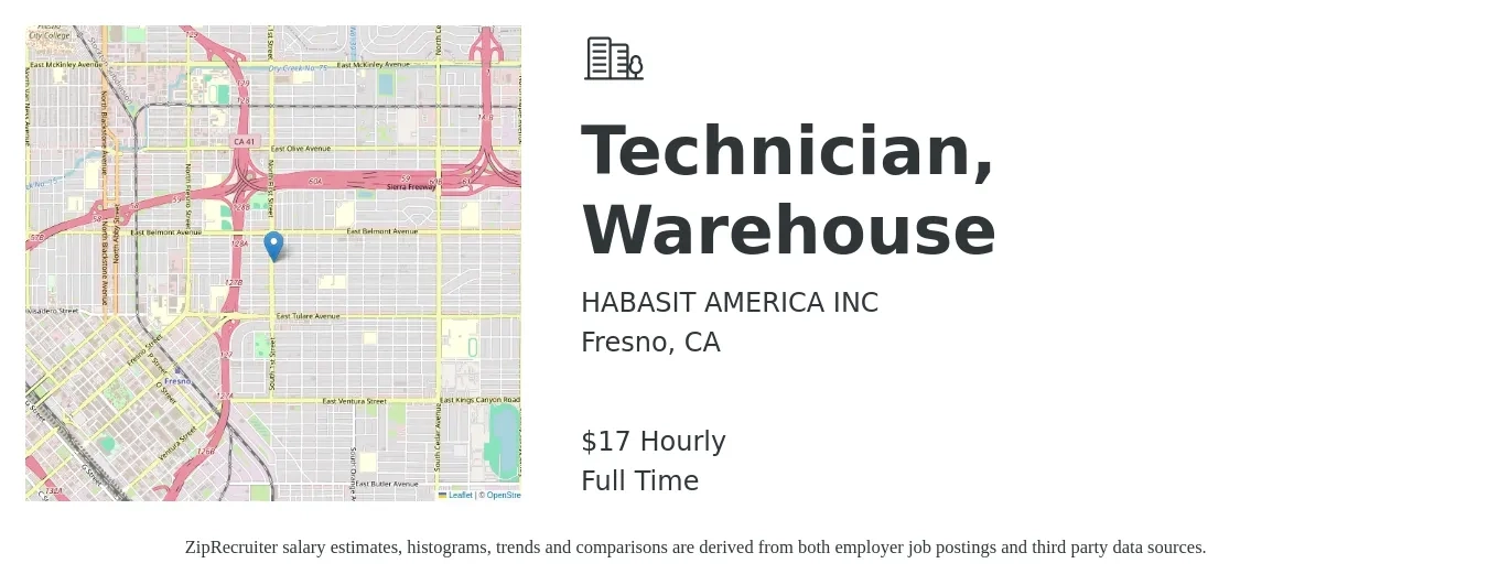 HABASIT AMERICA INC job posting for a Technician, Warehouse in Fresno, CA with a salary of $18 Hourly with a map of Fresno location.