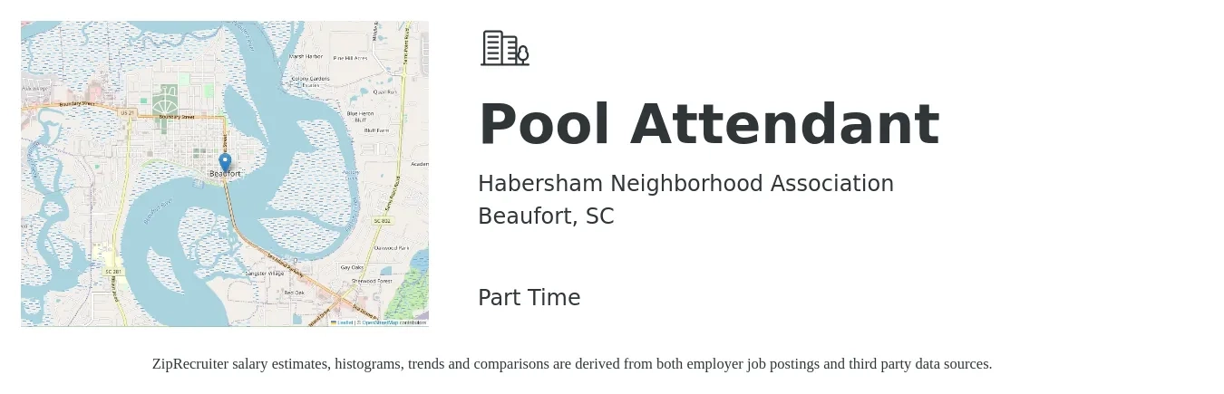 Habersham Neighborhood Association job posting for a Pool Attendant in Beaufort, SC with a salary of $12 to $16 Hourly with a map of Beaufort location.