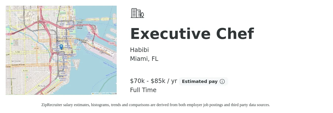 Habibi job posting for a Executive Chef in Miami, FL with a salary of $70,000 to $85,000 Yearly with a map of Miami location.
