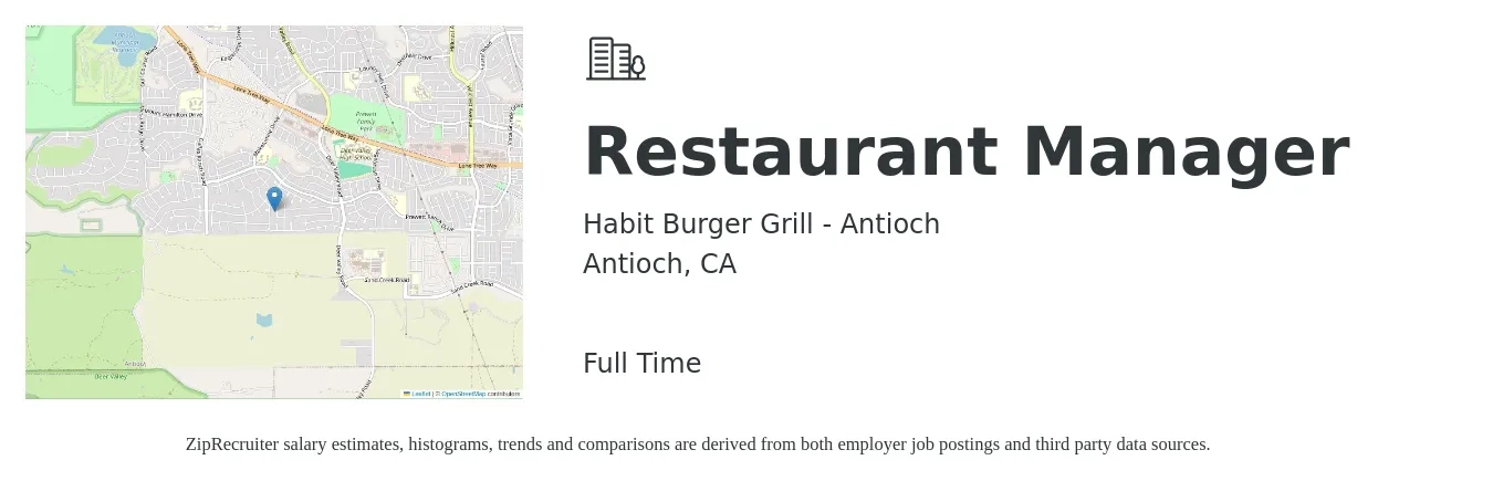 Habit Burger Grill - Antioch job posting for a Restaurant Manager in Antioch, CA with a salary of $50,800 to $71,700 Yearly with a map of Antioch location.