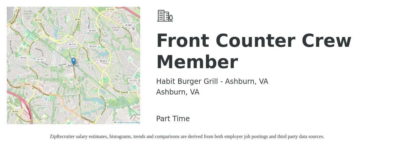 Habit Burger Grill - Ashburn, VA job posting for a Front Counter Crew Member in Ashburn, VA with a salary of $12 to $16 Hourly with a map of Ashburn location.