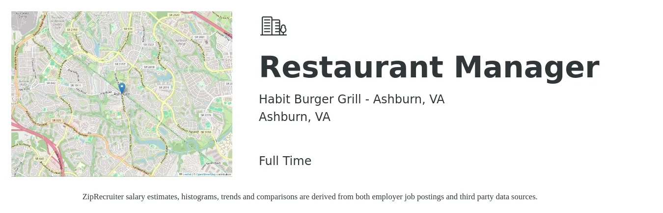 Habit Burger Grill - Ashburn, VA job posting for a Restaurant Manager in Ashburn, VA with a salary of $46,000 to $64,900 Yearly with a map of Ashburn location.