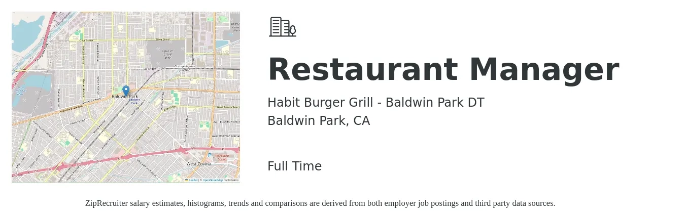 Habit Burger Grill - Baldwin Park DT job posting for a Restaurant Manager in Baldwin Park, CA with a salary of $45,900 to $64,800 Yearly with a map of Baldwin Park location.