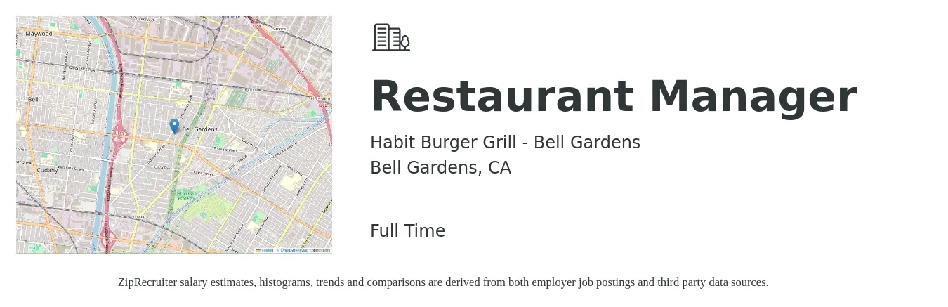 Habit Burger Grill - Bell Gardens job posting for a Restaurant Manager in Bell Gardens, CA with a salary of $46,000 to $64,900 Yearly with a map of Bell Gardens location.