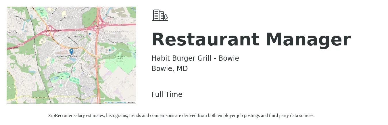 Habit Burger Grill - Bowie job posting for a Restaurant Manager in Bowie, MD with a salary of $43,400 to $61,300 Yearly with a map of Bowie location.