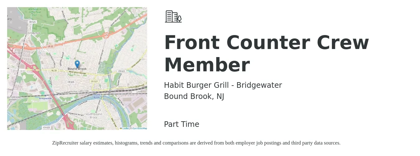 Habit Burger Grill - Bridgewater job posting for a Front Counter Crew Member in Bound Brook, NJ with a salary of $13 to $17 Hourly with a map of Bound Brook location.