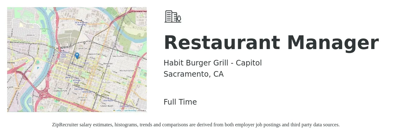 Habit Burger Grill - Capitol job posting for a Restaurant Manager in Sacramento, CA with a salary of $48,000 to $67,800 Yearly with a map of Sacramento location.