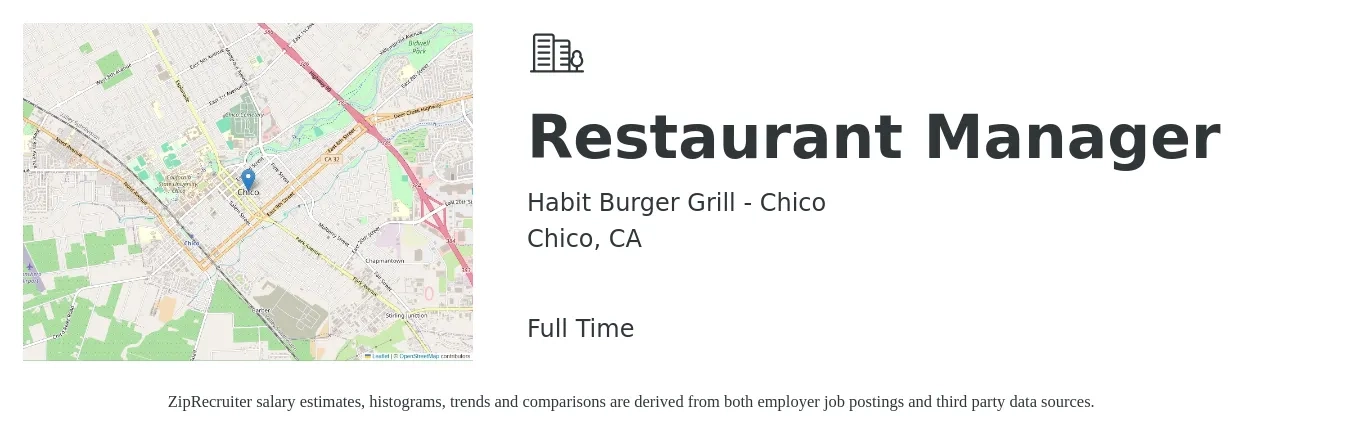 Habit Burger Grill - Chico job posting for a Restaurant Manager in Chico, CA with a salary of $45,800 to $64,600 Yearly with a map of Chico location.