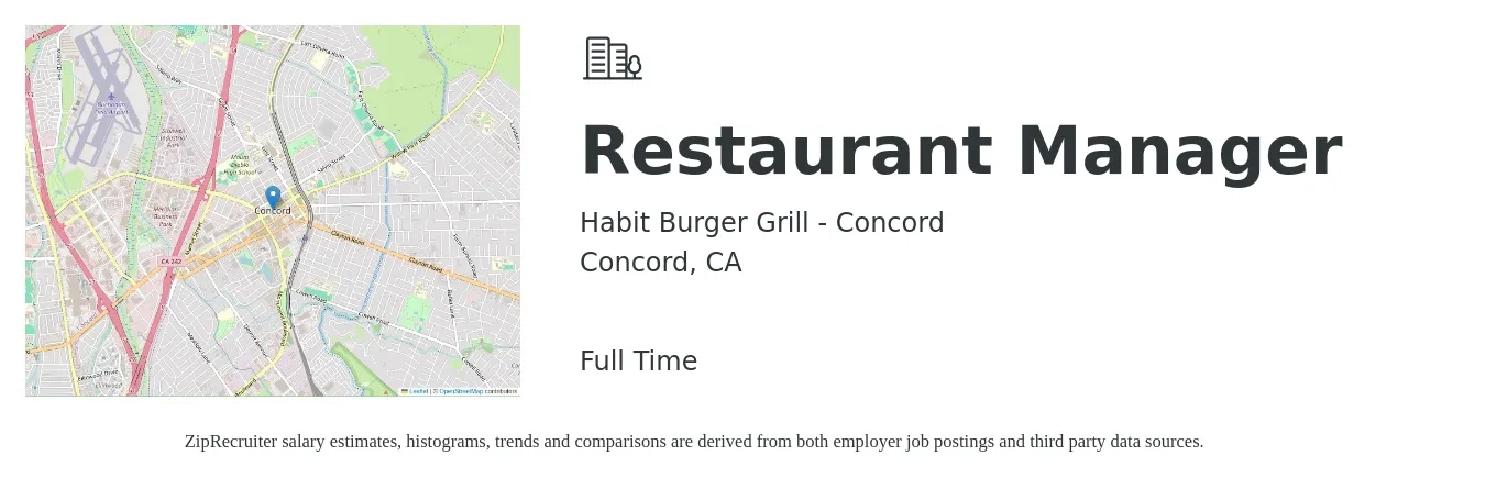 Habit Burger Grill - Concord job posting for a Restaurant Manager in Concord, CA with a salary of $49,400 to $69,700 Yearly with a map of Concord location.