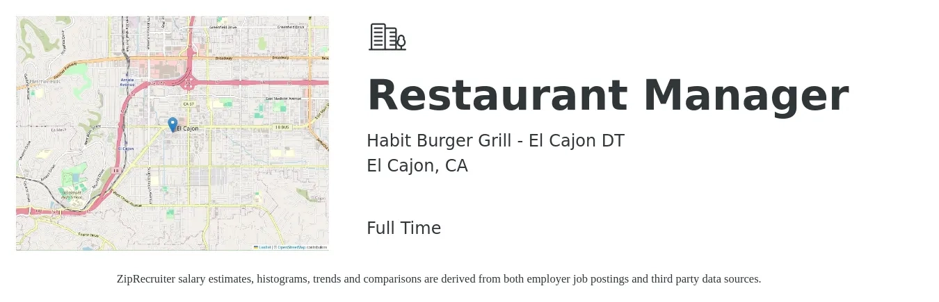 Habit Burger Grill - El Cajon DT job posting for a Restaurant Manager in El Cajon, CA with a salary of $47,000 to $66,300 Yearly with a map of El Cajon location.