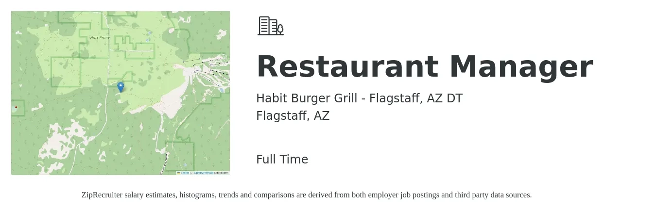 Habit Burger Grill - Flagstaff, AZ DT job posting for a Restaurant Manager in Flagstaff, AZ with a salary of $40,900 to $57,700 Yearly with a map of Flagstaff location.