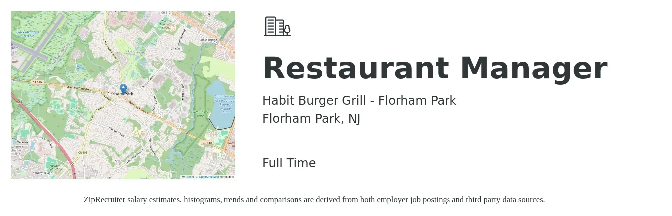 Habit Burger Grill - Florham Park job posting for a Restaurant Manager in Florham Park, NJ with a salary of $47,100 to $66,400 Yearly with a map of Florham Park location.