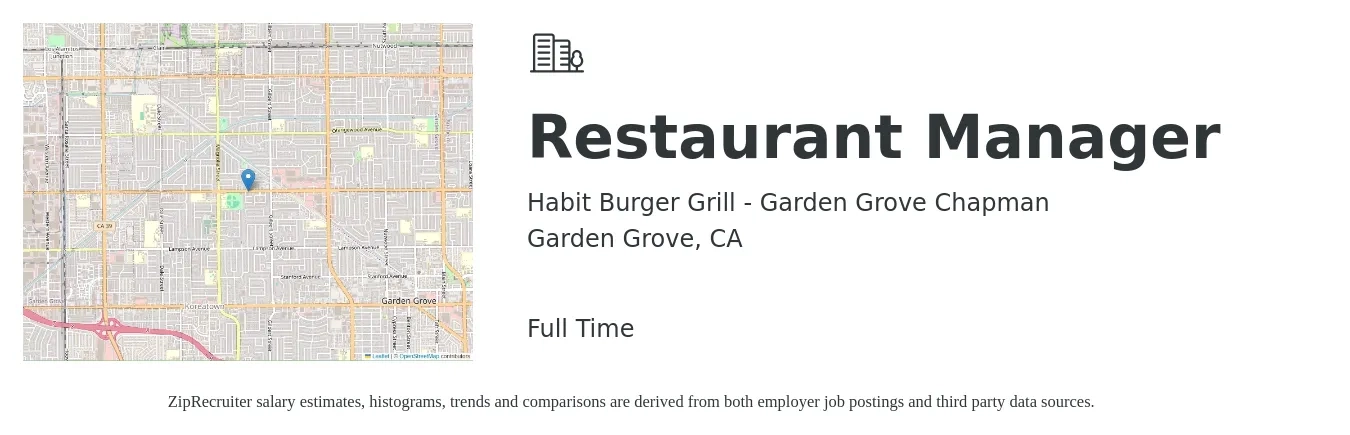 Habit Burger Grill - Garden Grove Chapman job posting for a Restaurant Manager in Garden Grove, CA with a salary of $45,800 to $64,700 Yearly with a map of Garden Grove location.