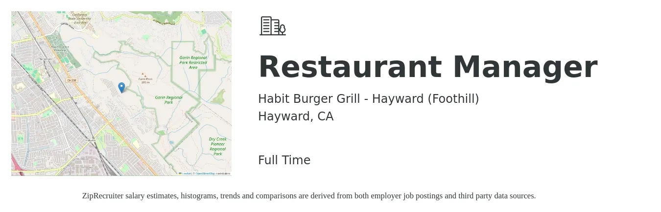Habit Burger Grill - Hayward (Foothill) job posting for a Restaurant Manager in Hayward, CA with a salary of $51,900 to $73,300 Yearly with a map of Hayward location.