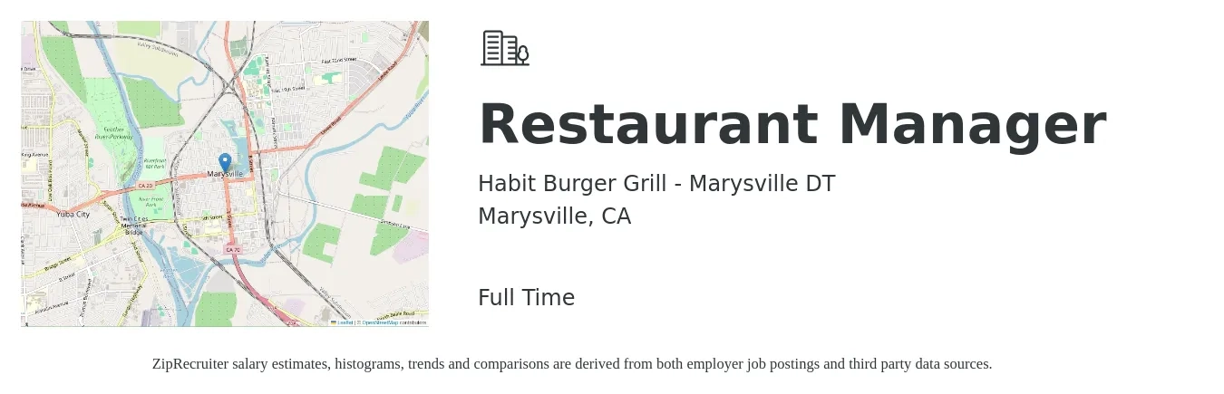 Habit Burger Grill - Marysville DT job posting for a Restaurant Manager in Marysville, CA with a salary of $47,500 to $67,000 Yearly with a map of Marysville location.
