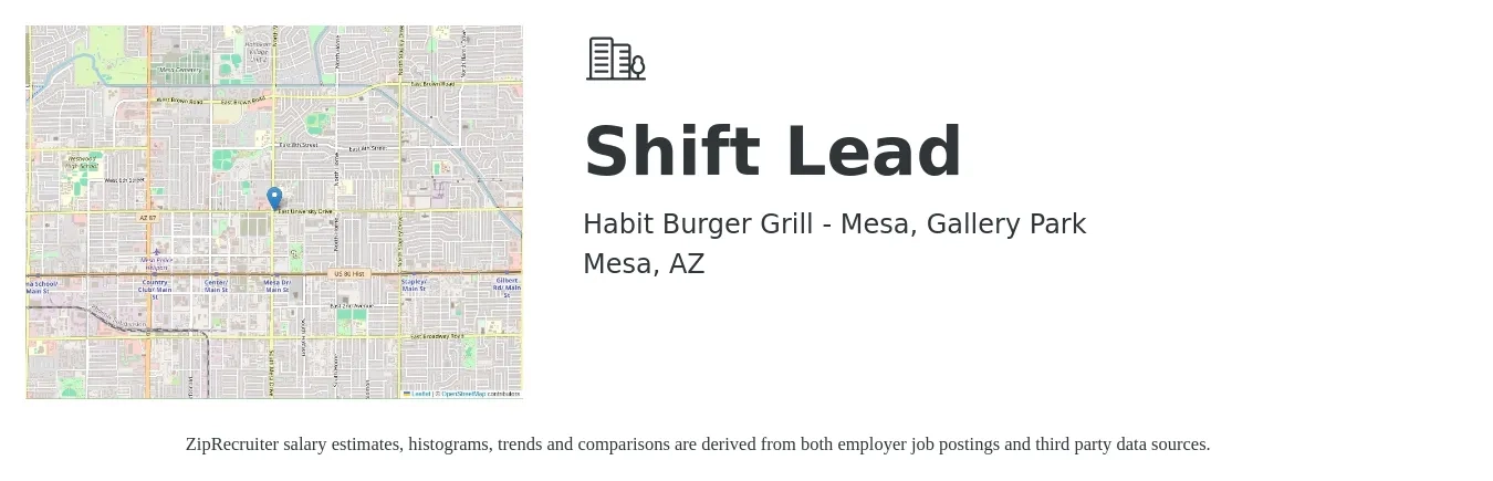 Habit Burger Grill - Mesa, Gallery Park job posting for a Shift Lead in Mesa, AZ with a salary of $13 to $16 Hourly with a map of Mesa location.