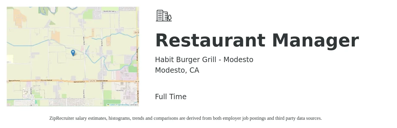 Habit Burger Grill - Modesto job posting for a Restaurant Manager in Modesto, CA with a salary of $47,500 to $67,000 Yearly with a map of Modesto location.
