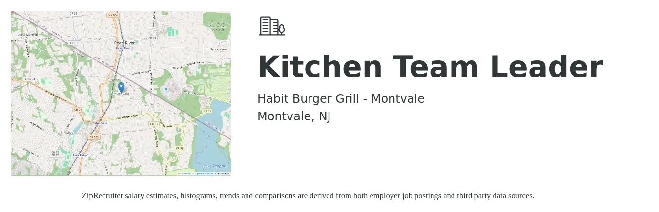 Habit Burger Grill - Montvale job posting for a Kitchen Team Leader in Montvale, NJ with a salary of $12 to $16 Hourly with a map of Montvale location.