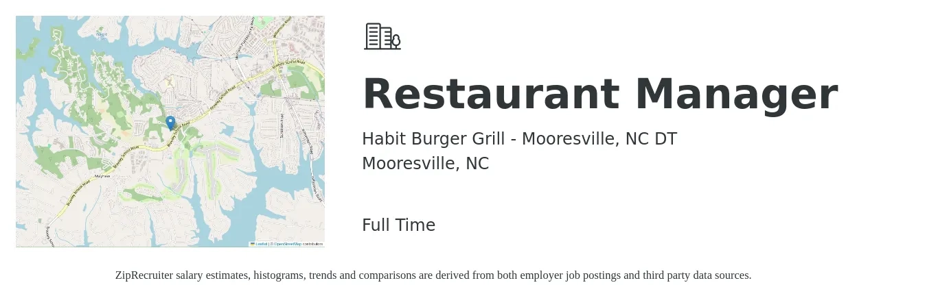 Habit Burger Grill - Mooresville, NC DT job posting for a Restaurant Manager in Mooresville, NC with a salary of $39,800 to $56,100 Yearly with a map of Mooresville location.