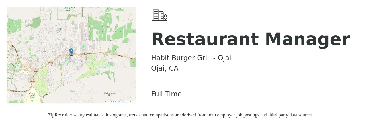 Habit Burger Grill - Ojai job posting for a Restaurant Manager in Ojai, CA with a salary of $47,100 to $66,400 Yearly with a map of Ojai location.