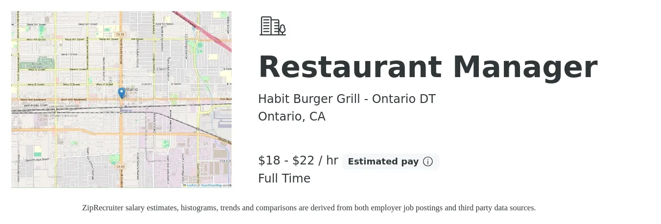 Habit Burger Grill - Ontario DT job posting for a Restaurant Manager in Ontario, CA with a salary of $19 to $23 Hourly with a map of Ontario location.