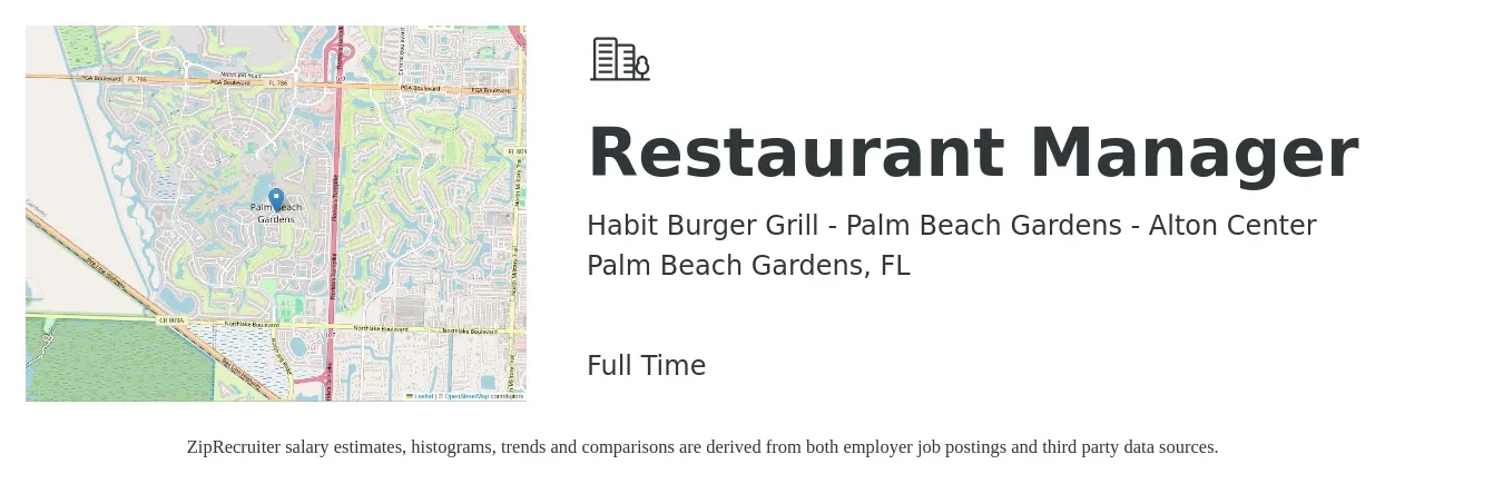 Habit Burger Grill - Palm Beach Gardens - Alton Center job posting for a Restaurant Manager in Palm Beach Gardens, FL with a salary of $42,600 to $60,100 Yearly with a map of Palm Beach Gardens location.