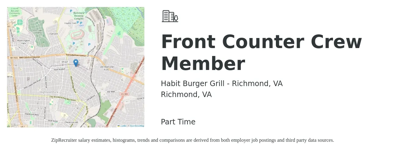 Habit Burger Grill - Richmond, VA job posting for a Front Counter Crew Member in Richmond, VA with a salary of $11 to $14 Hourly with a map of Richmond location.