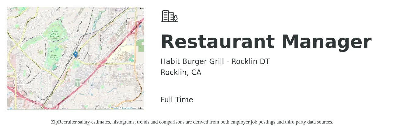 Habit Burger Grill - Rocklin DT job posting for a Restaurant Manager in Rocklin, CA with a salary of $46,800 to $66,100 Yearly with a map of Rocklin location.