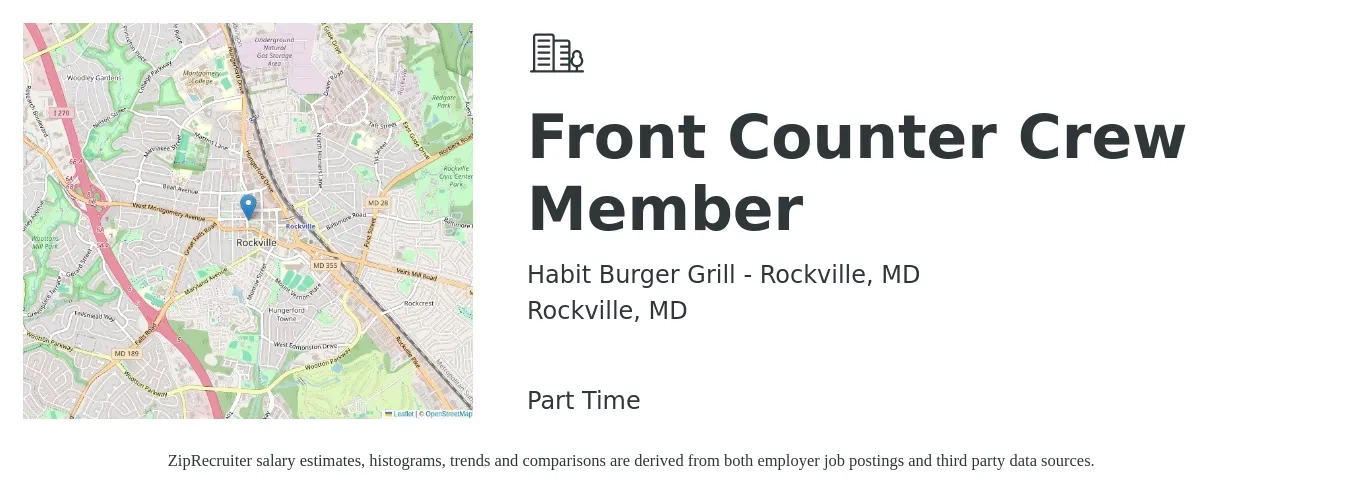Habit Burger Grill - Rockville, MD job posting for a Front Counter Crew Member in Rockville, MD with a salary of $12 to $16 Hourly with a map of Rockville location.
