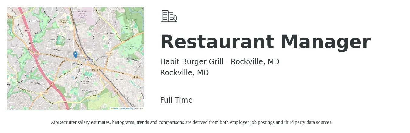 Habit Burger Grill - Rockville, MD job posting for a Restaurant Manager in Rockville, MD with a salary of $45,900 to $64,700 Yearly with a map of Rockville location.